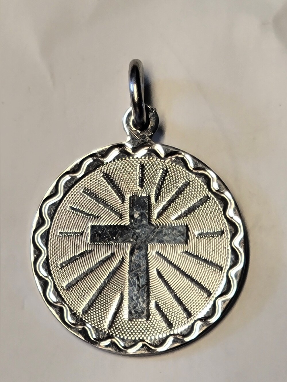 Vintage 925 Sterling Silver Confirmation Cross Medal Charm Round Sunburst Pendan